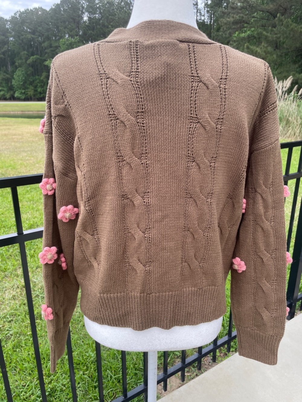 Storia Brown Cable Knit Cardigan with Pink 3D Embroidered Flower Accents - Picture 6 of 11